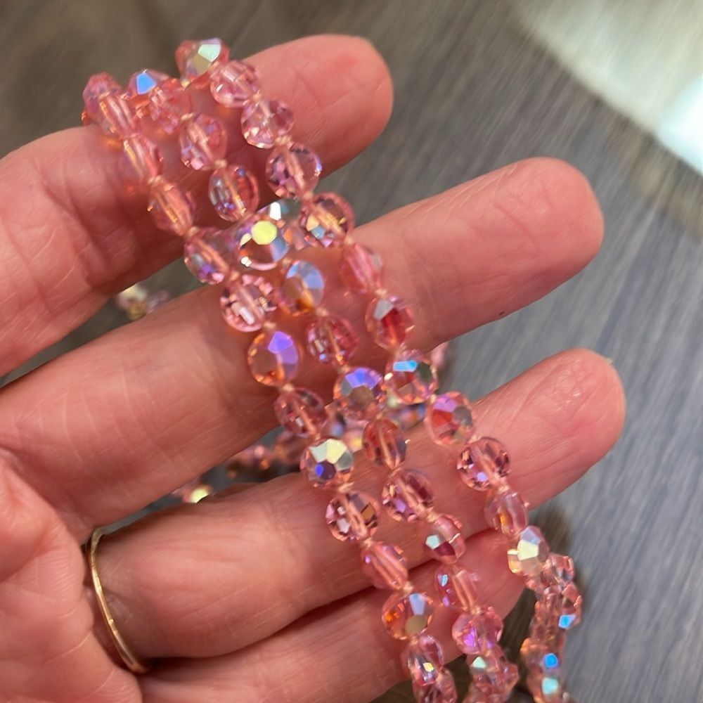Vintage Three Strand Pink AB Crystal Necklace - Choker - Picture 13 of 16